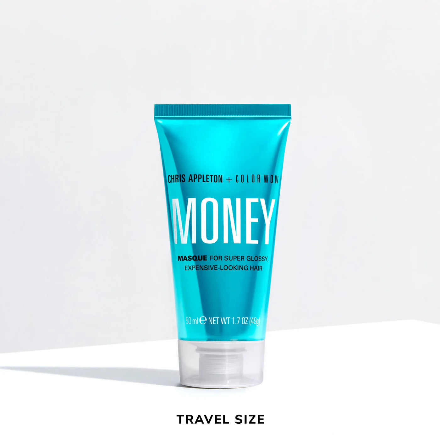 Money Masque travel-size tube, turquoise label for super glossy, expensive-looking hair