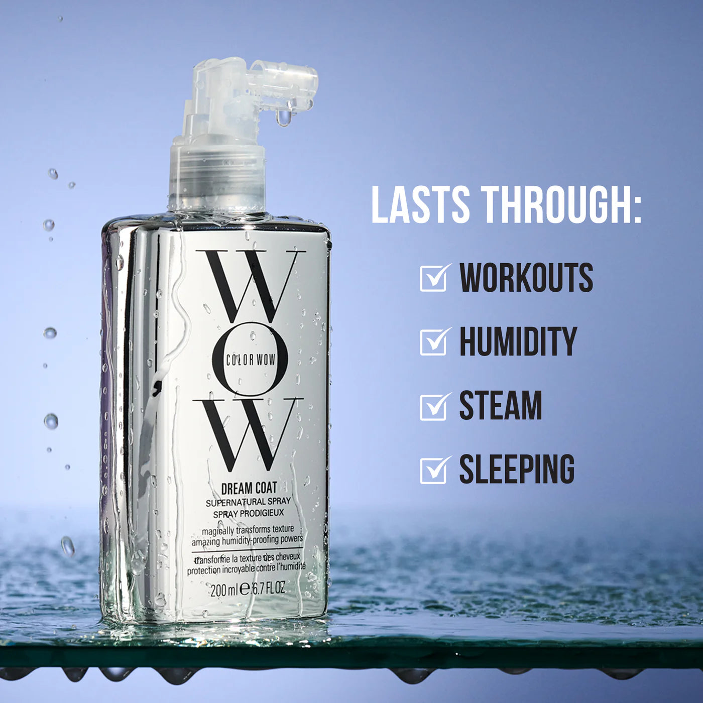 Dream Coat Supernatural Spray bottle with droplets, clear pump nozzle