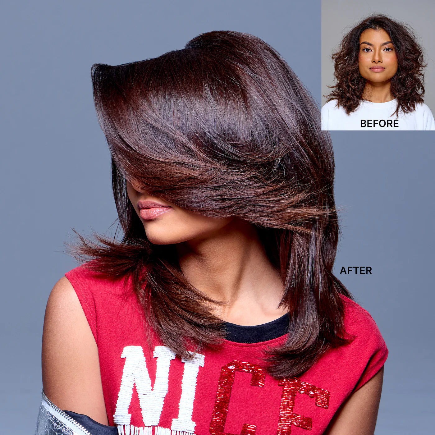 Before-and-after hair: smooth, shiny dark curls after styling treatment