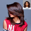 Before-and-after hair: smooth, shiny dark curls after styling treatment