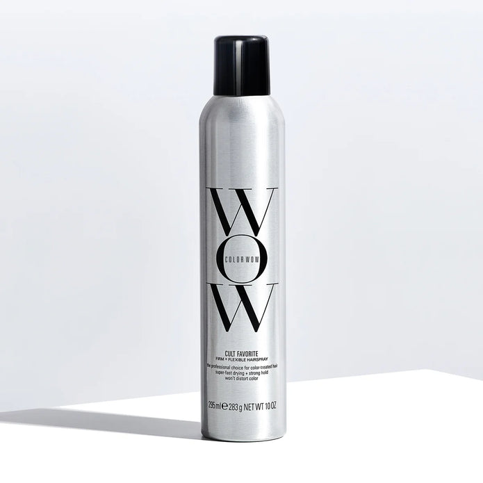 Color Wow firm + flexible hairspray bottle, silver canister with black cap