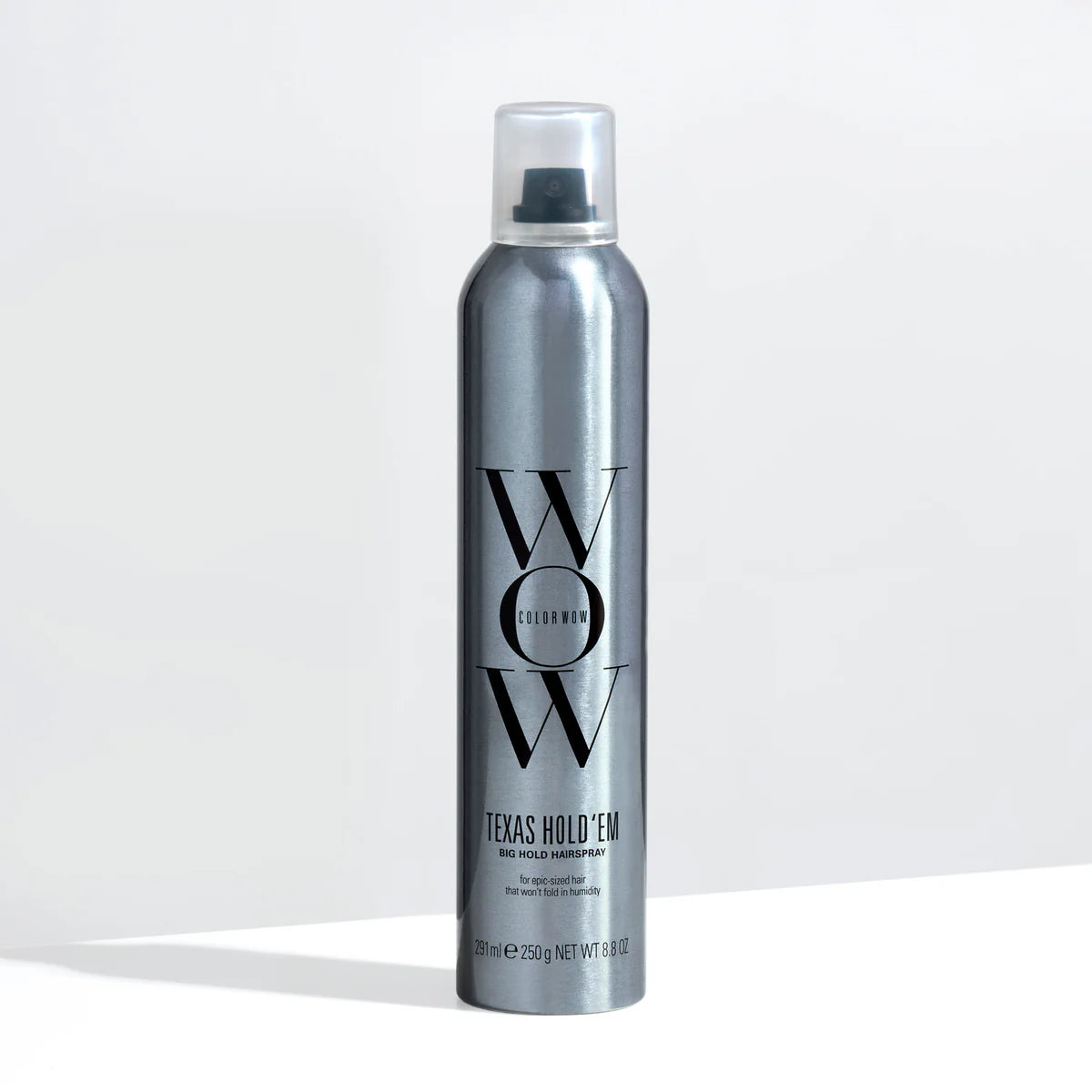Texas Hold’em big hold hairspray bottle with pump, metallic gray canister
