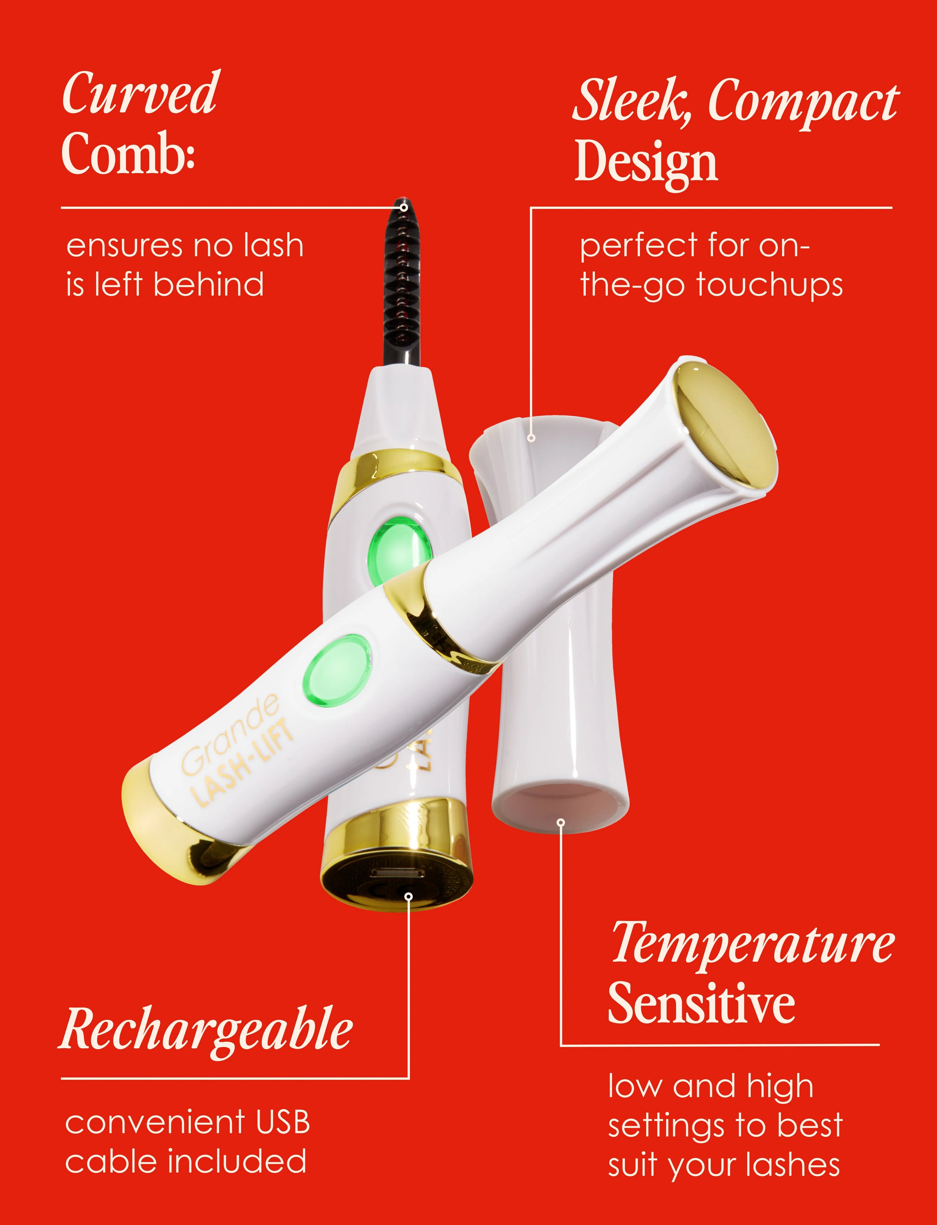 Curved comb heated lash curler with green indicator light; rechargeable USB cable