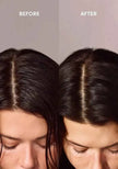 Hair close-up, split before and after; dark hair looks smoother