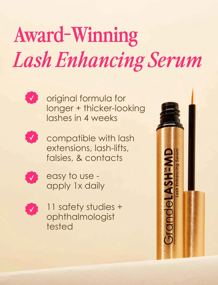 GrandeLASH-MD lash enhancing serum bottles, gold tube and black cap applicator