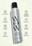 Hairspray bottle with feature icons: non-yellowing, UV heat protection, humidity resistance
