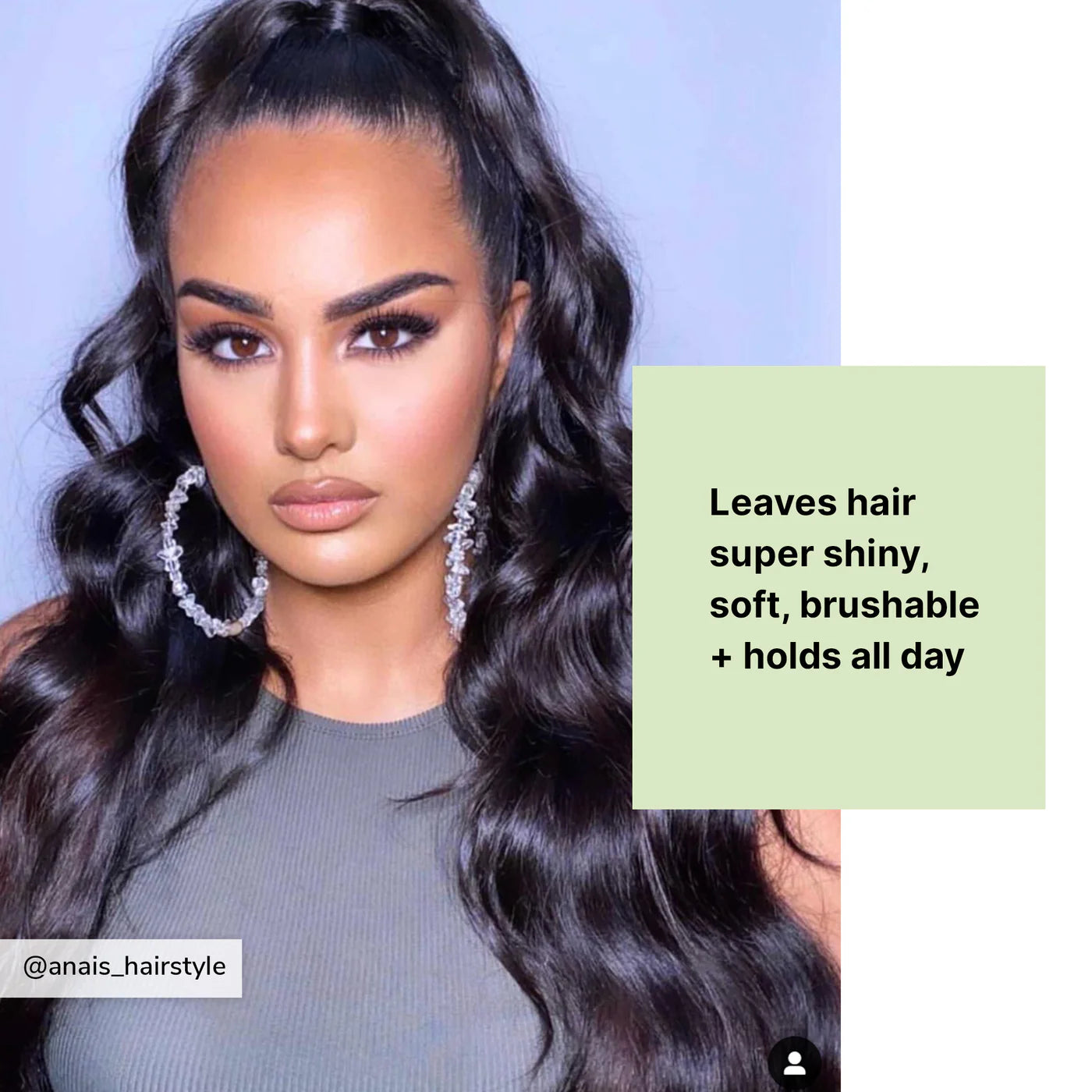 Glossy wavy dark hair on model; text says brushable, soft hold all day