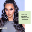Glossy wavy dark hair on model; text says brushable, soft hold all day