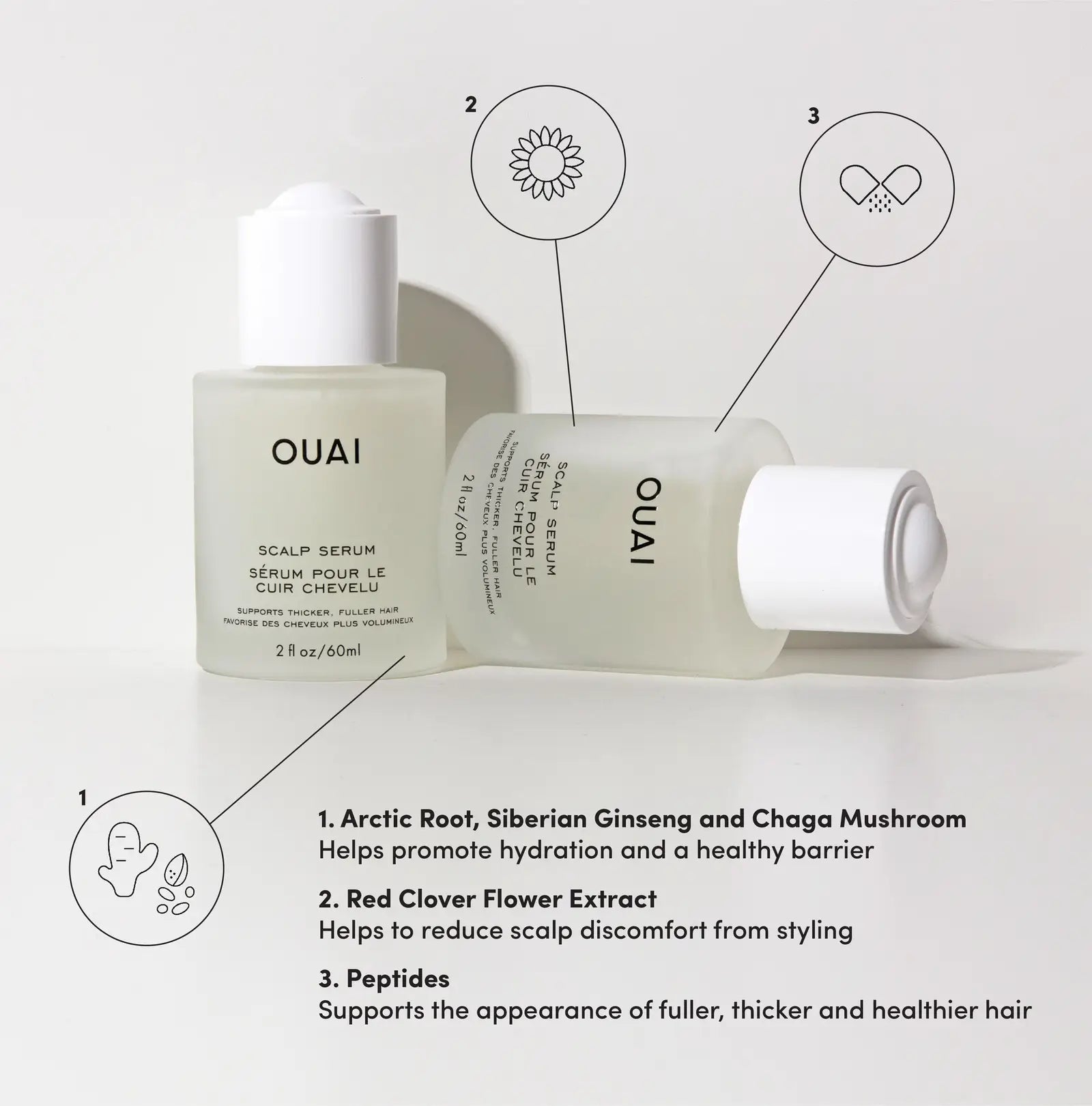 OUAI scalp serum bottles with ingredient list callouts and pump-style container
