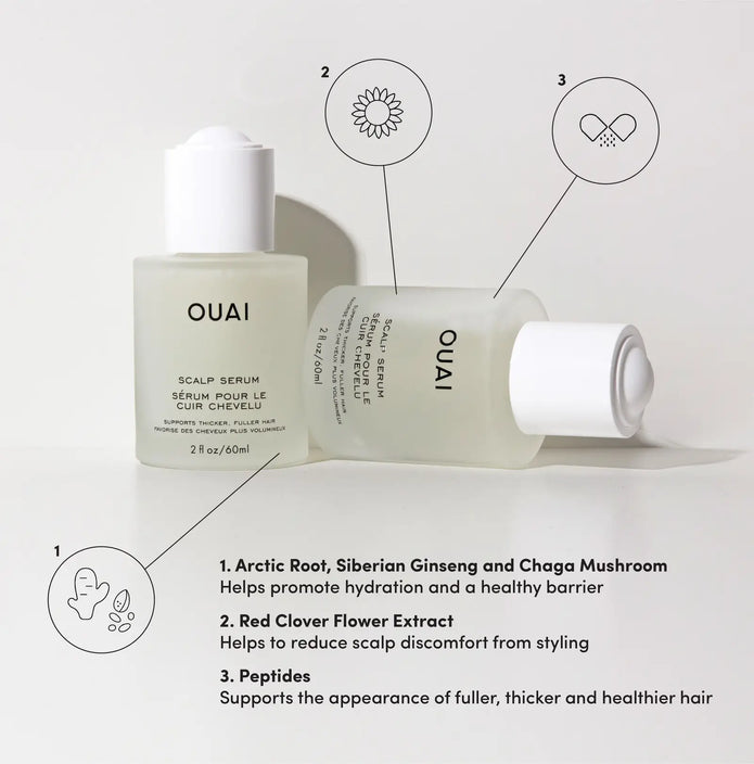 OUAI scalp serum bottles with ingredient list callouts and pump-style container