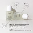 OUAI scalp serum bottles with ingredient list callouts and pump-style container