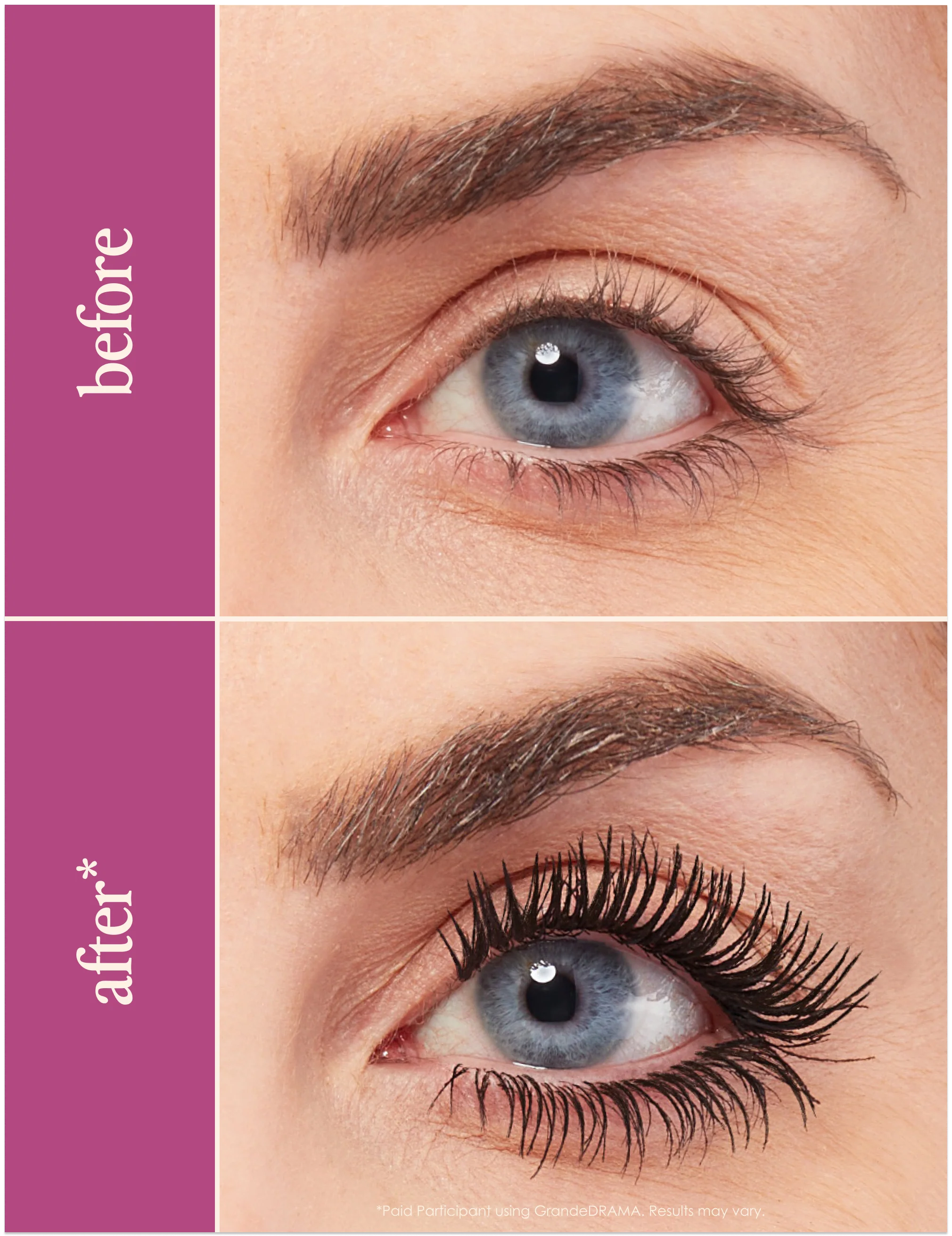 Eye close-up with long dark lashes, before-and-after comparison