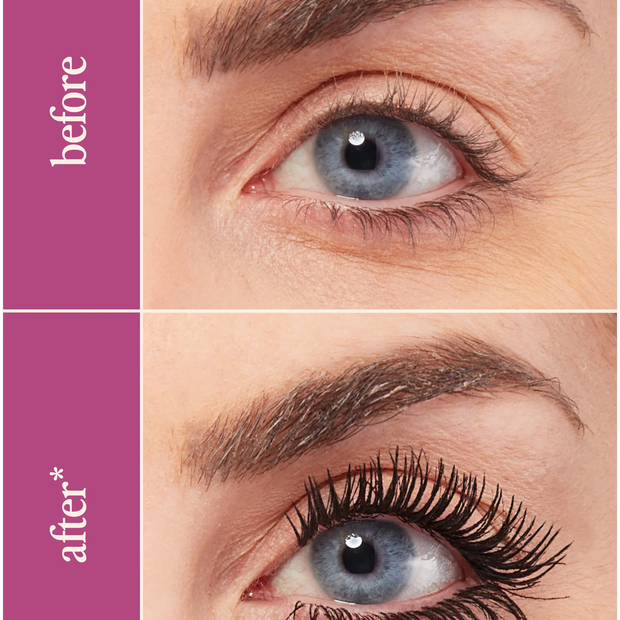 Eye close-up with long dark lashes, before-and-after comparison