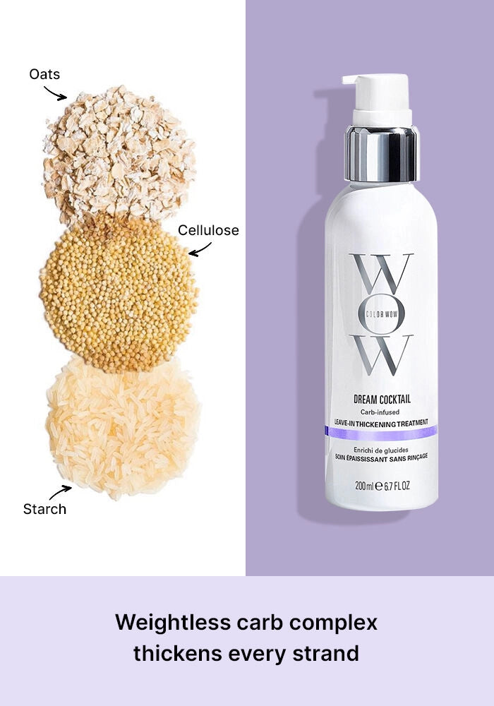 Dream Cocktail leave-in thickening treatment bottle with ingredient callouts