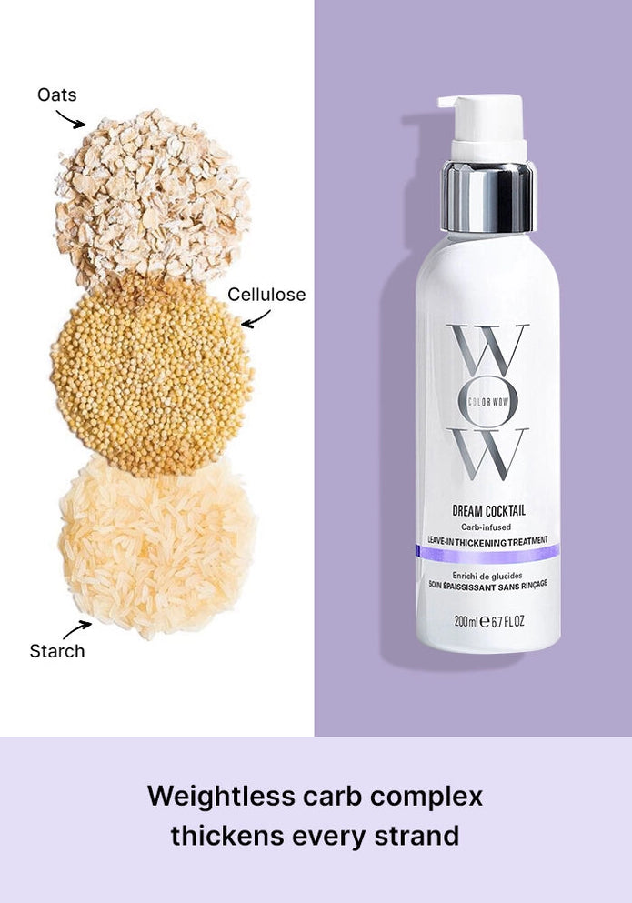 Dream Cocktail leave-in thickening treatment bottle with ingredient callouts