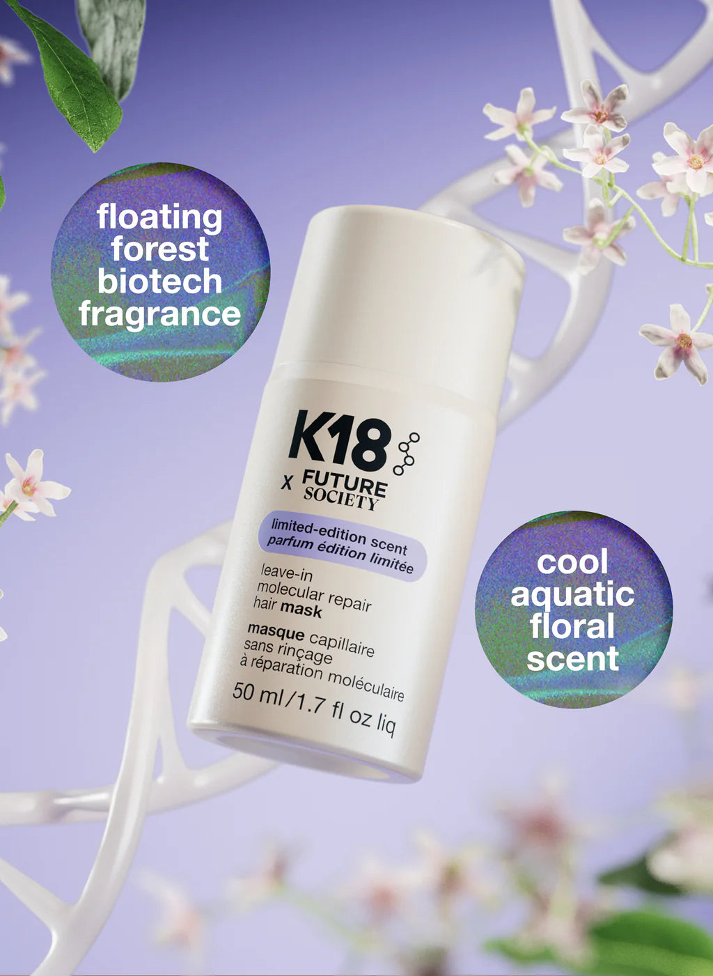 K18 x Future Society leave-in hair mask bottle with cool aquatic floral scent