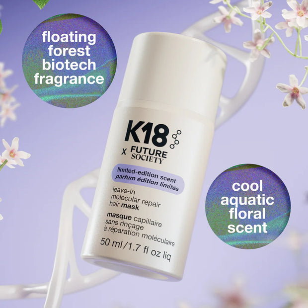 K18 x Future Society leave-in hair mask bottle with cool aquatic floral scent