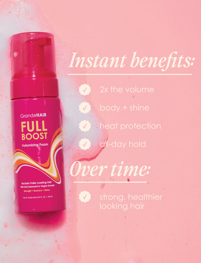 GrandeHAIR Full Boost volumizing foam bottle on a pink background with benefit icons
