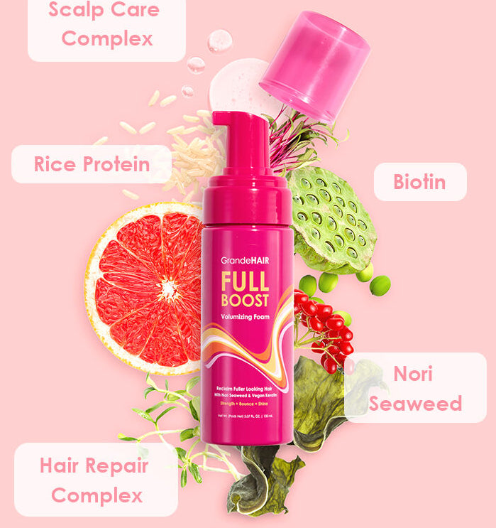 Full Boost volumizing foam bottle with hair-repair and scalp-care ingredient callouts