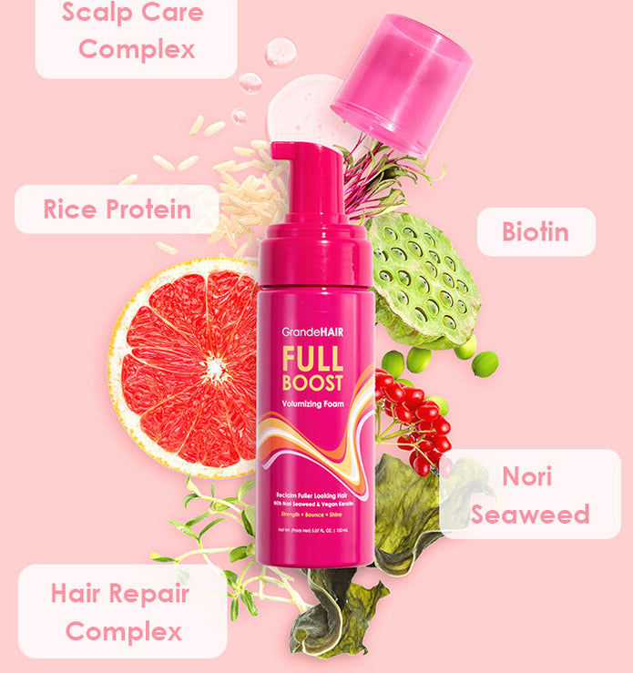 Full Boost volumizing foam bottle with hair-repair and scalp-care ingredient callouts
