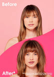 After styling result on a woman’s hair with fuller-looking volume and bangs