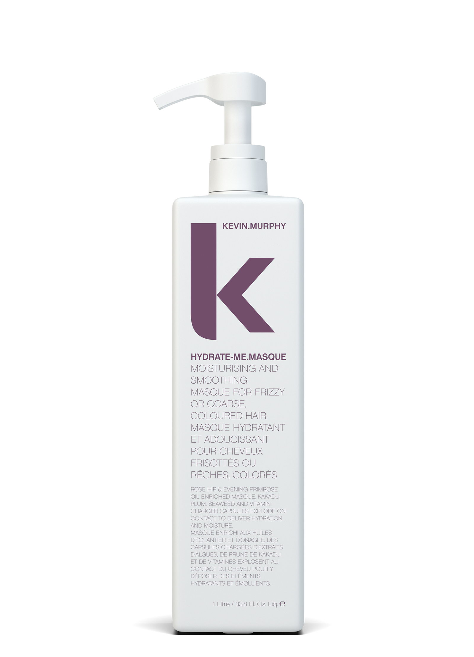 Hydrate-Me Masque bottle with white pump, back label, 1 L