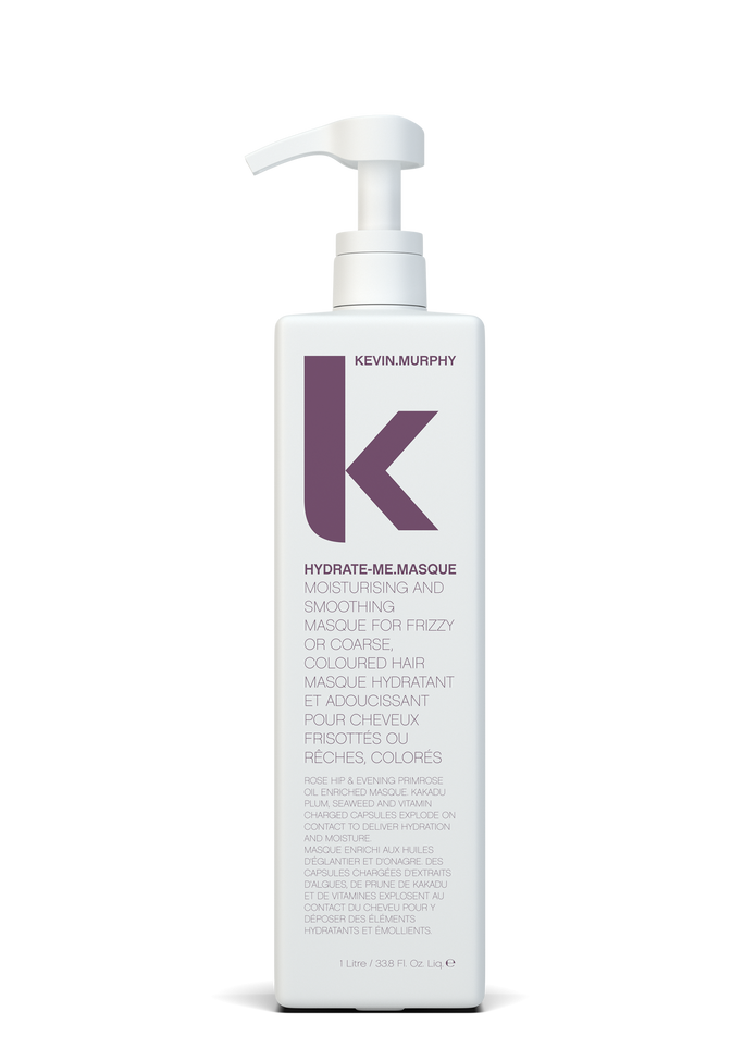Hydrate-Me Masque bottle with white pump, back label, 1 L