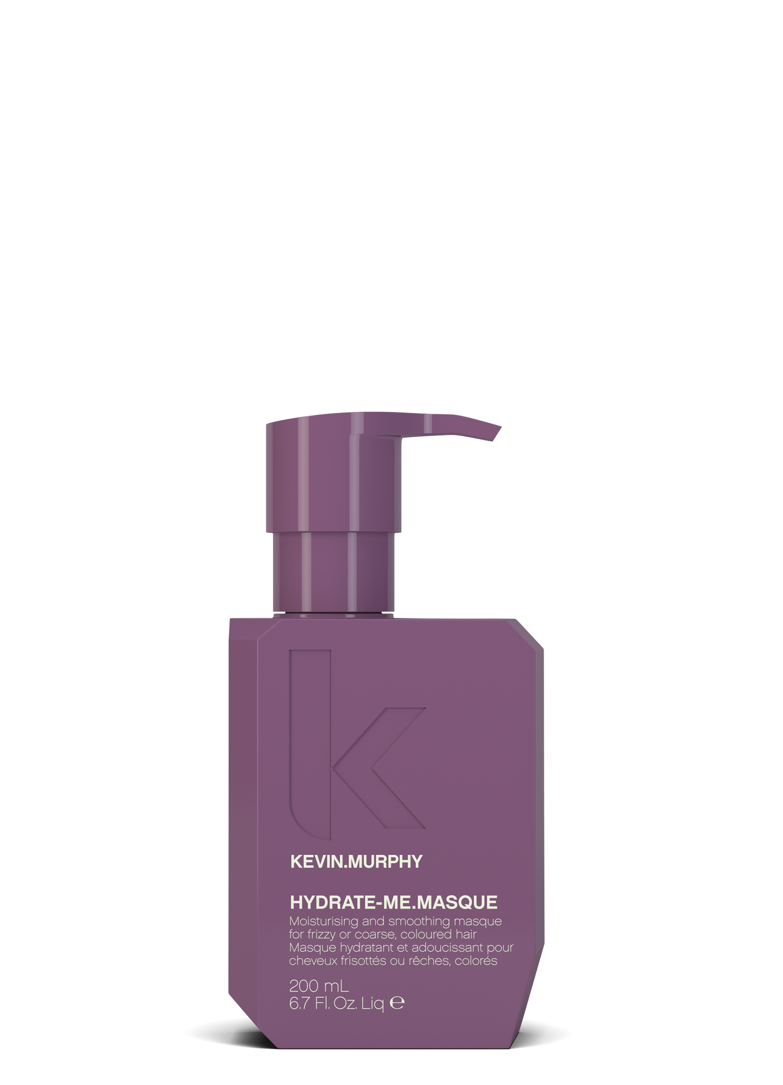 Hydrate-Me Masque hair treatment bottle with purple pump, 200 mL