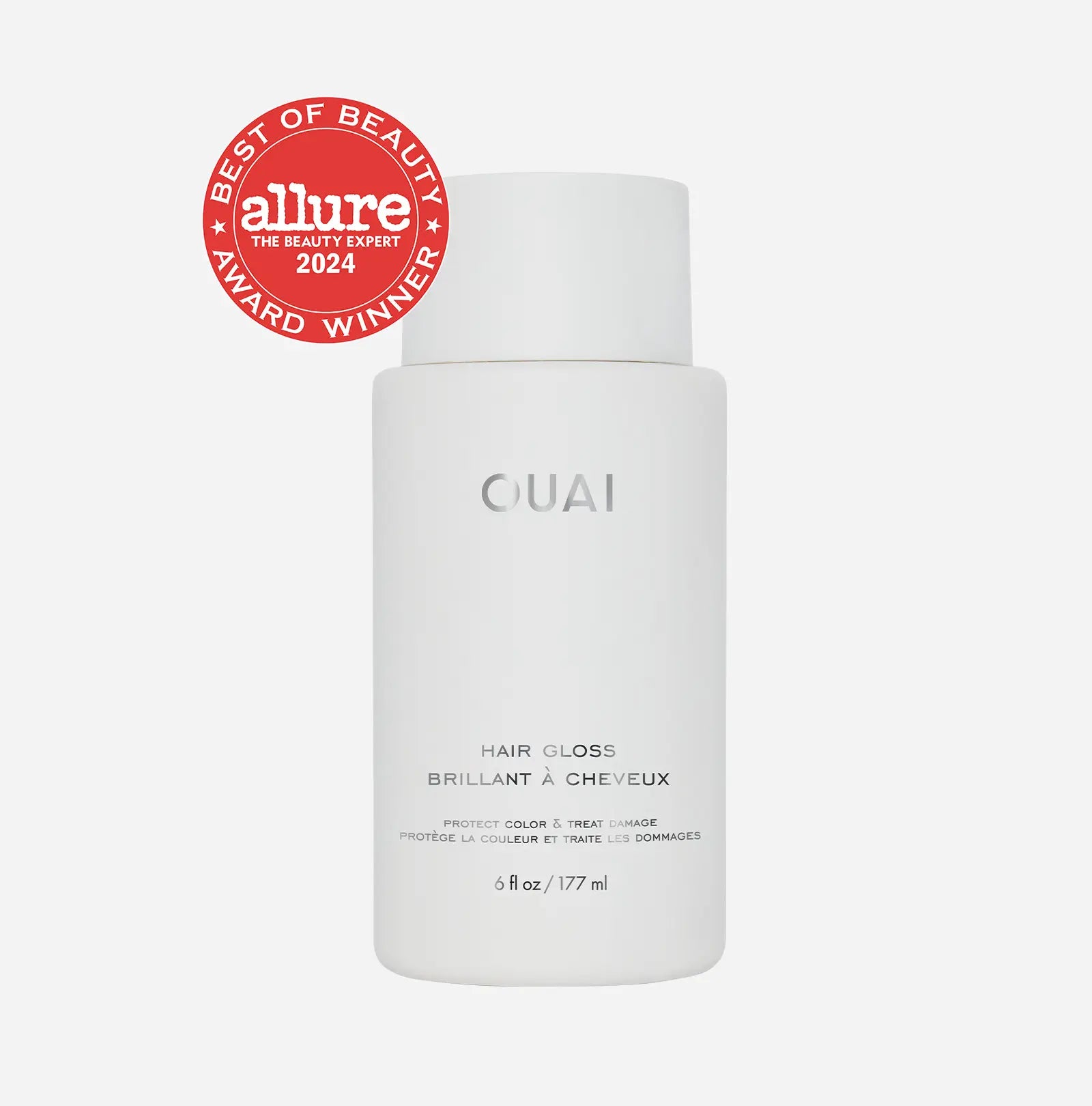 OUAI hair gloss bottle front view, white label and cap