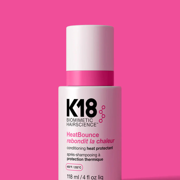 K18 HeatBounce conditioning heat protectant bottle, 118 ml / 4 fl oz