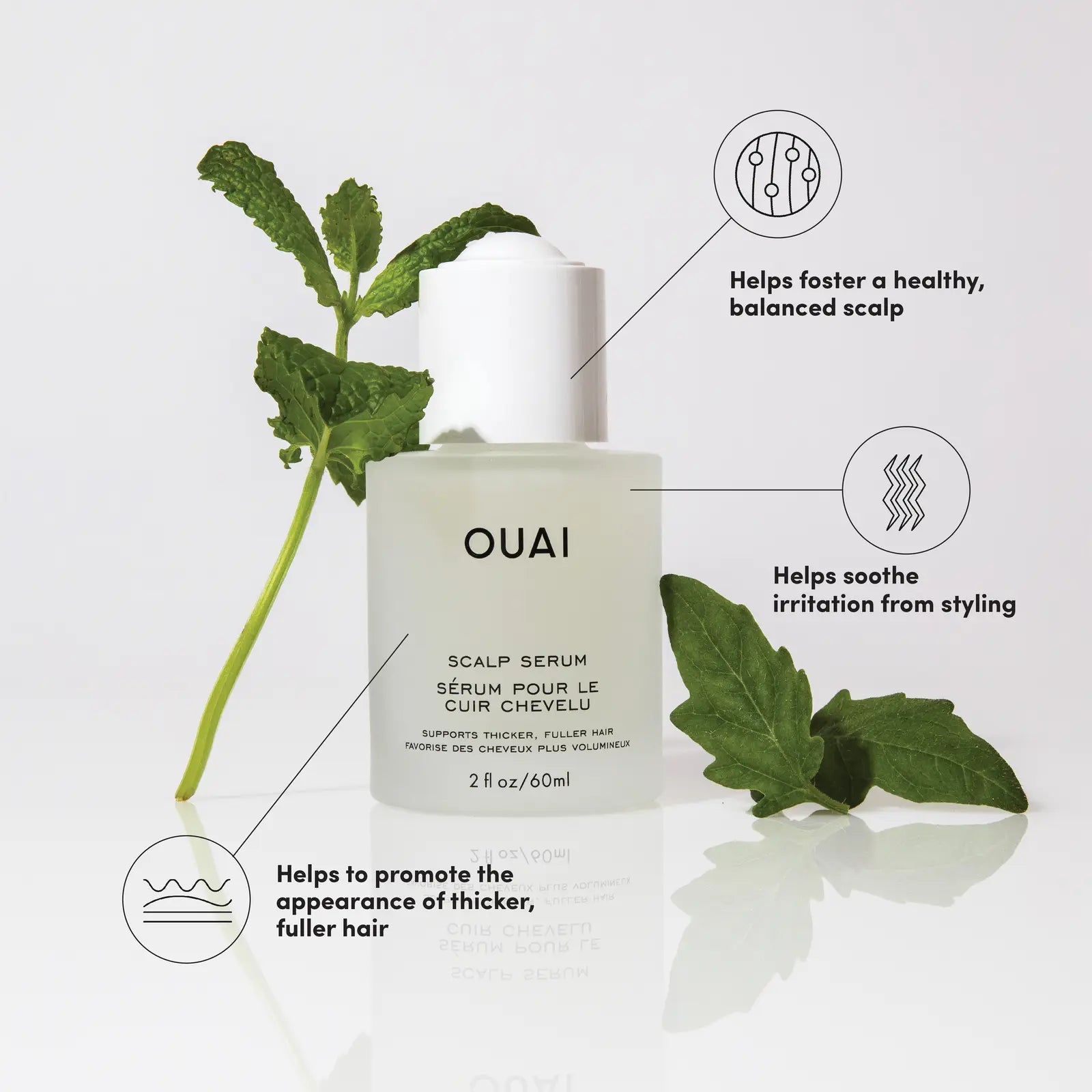 OUAI scalp serum bottle with icons for balanced scalp and soothing irritation