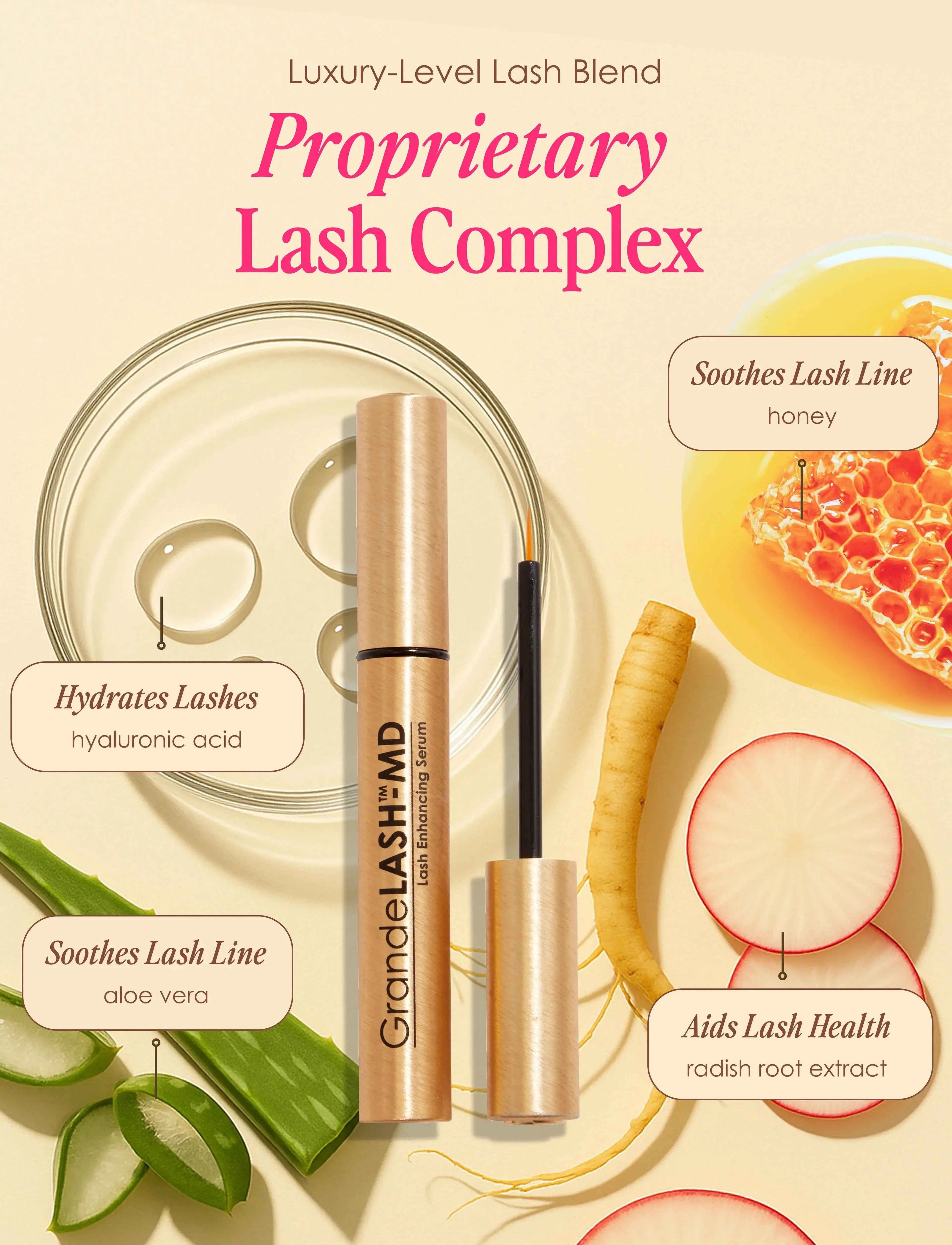 Lash enhancing serum in gold pen-style applicator and capped tube