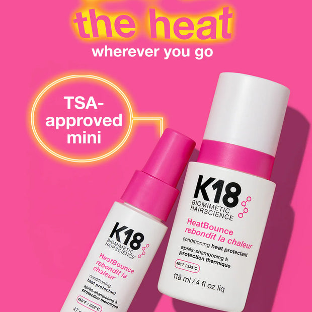 K18 HeatBounce heat protectant bottles, 118 ml and TSA-approved mini
