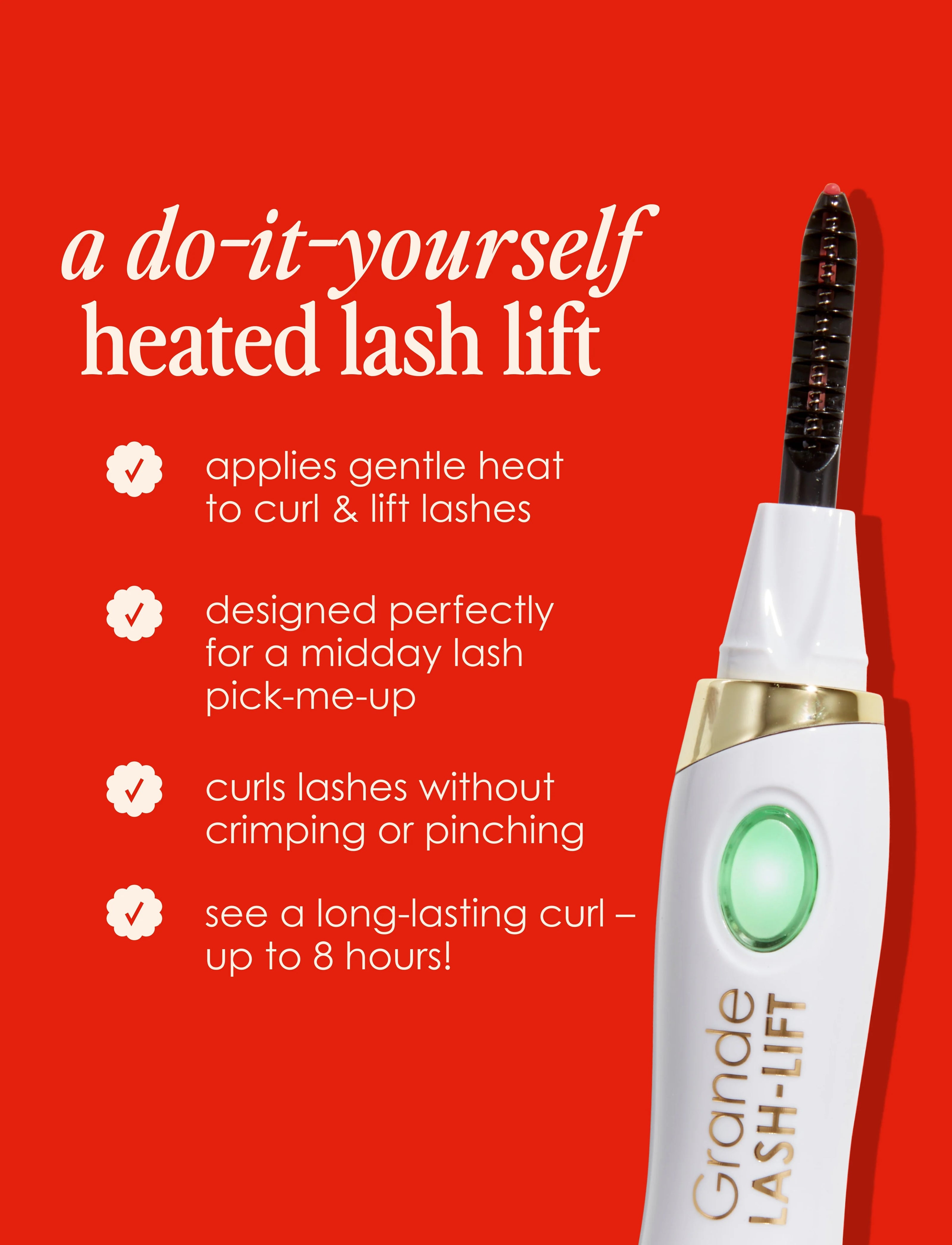 Heated lash lift curler, white and gold body with green heat light