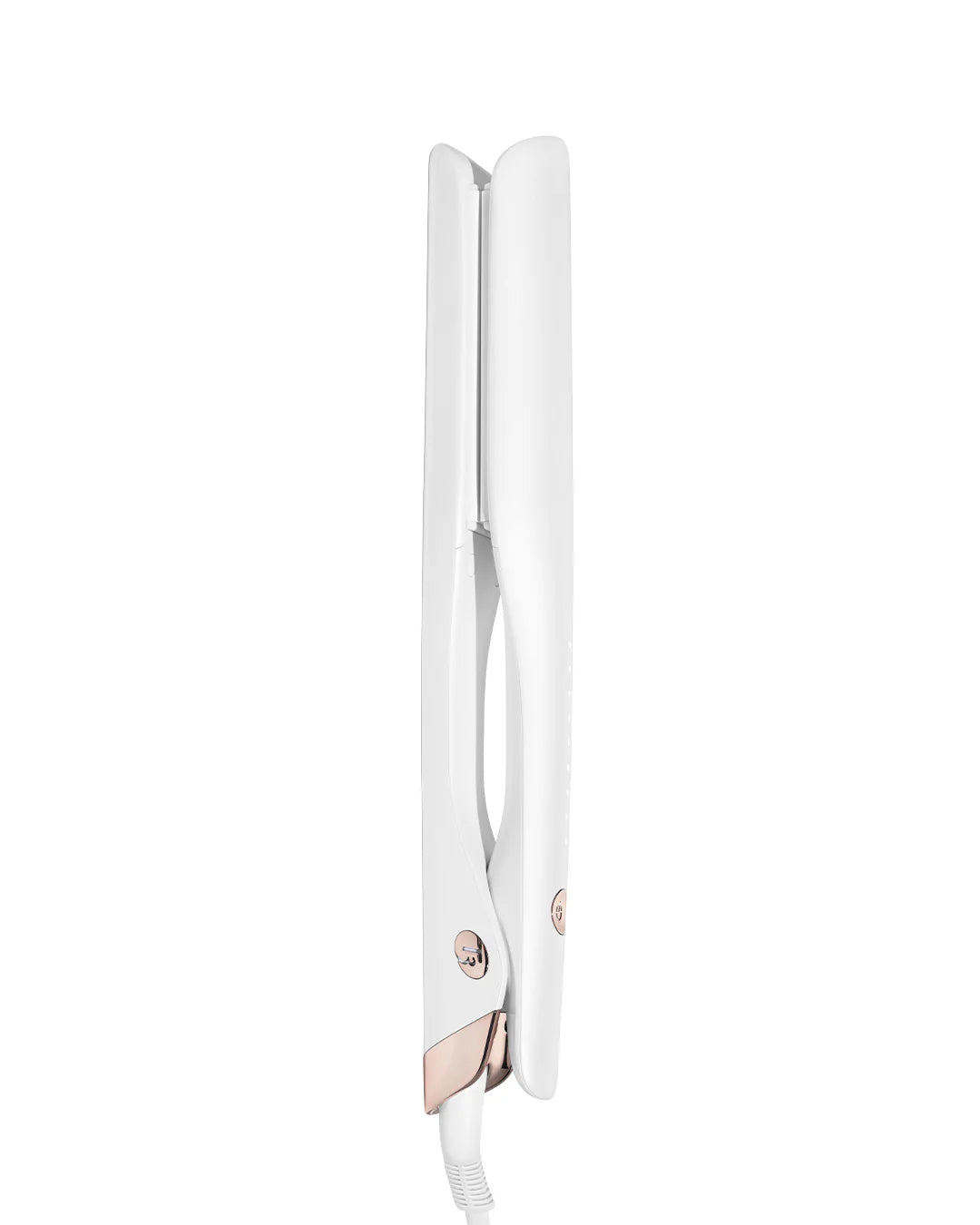 White flat iron with long plates, side buttons, and coiled power cord