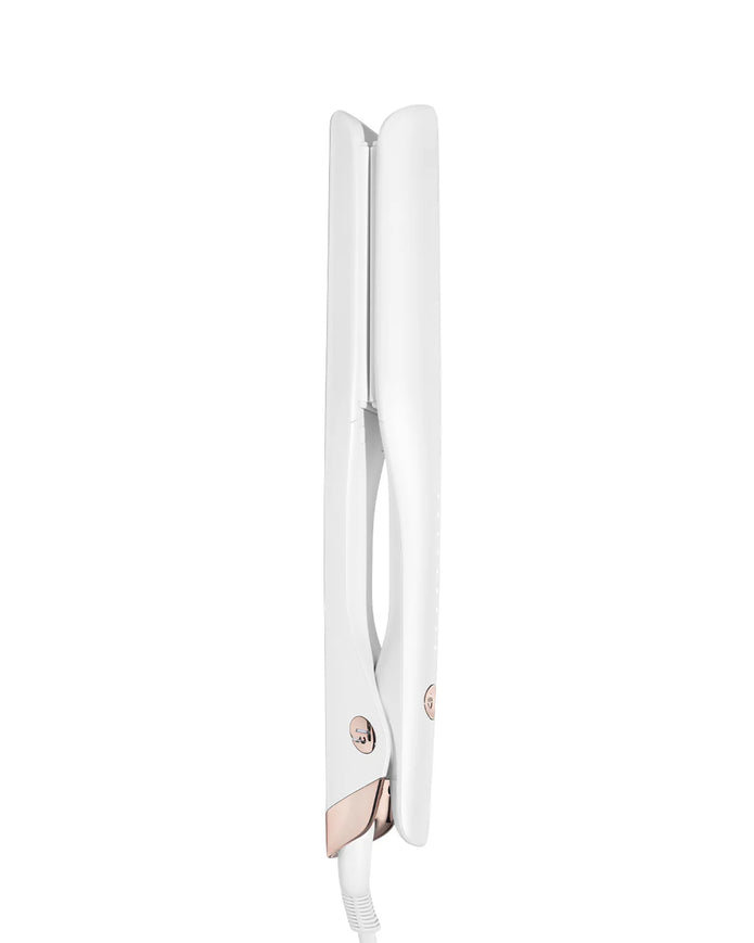 White flat iron with long plates, side buttons, and coiled power cord