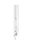 White flat iron with long plates, side buttons, and coiled power cord