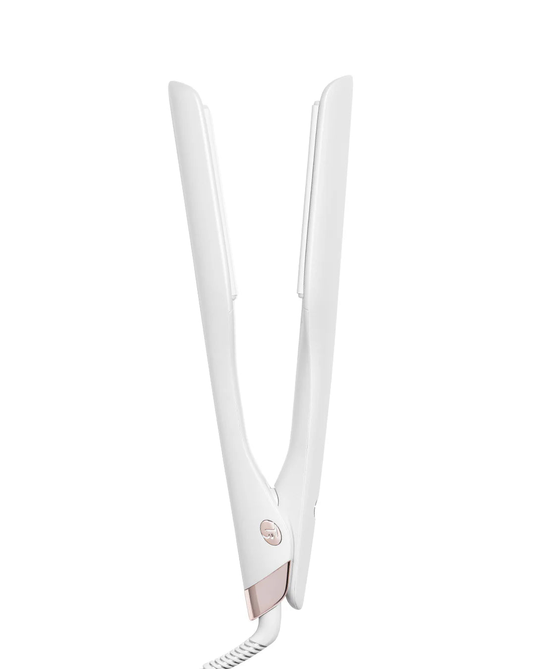 White straightening iron with 1.5 in plates and visible power cord