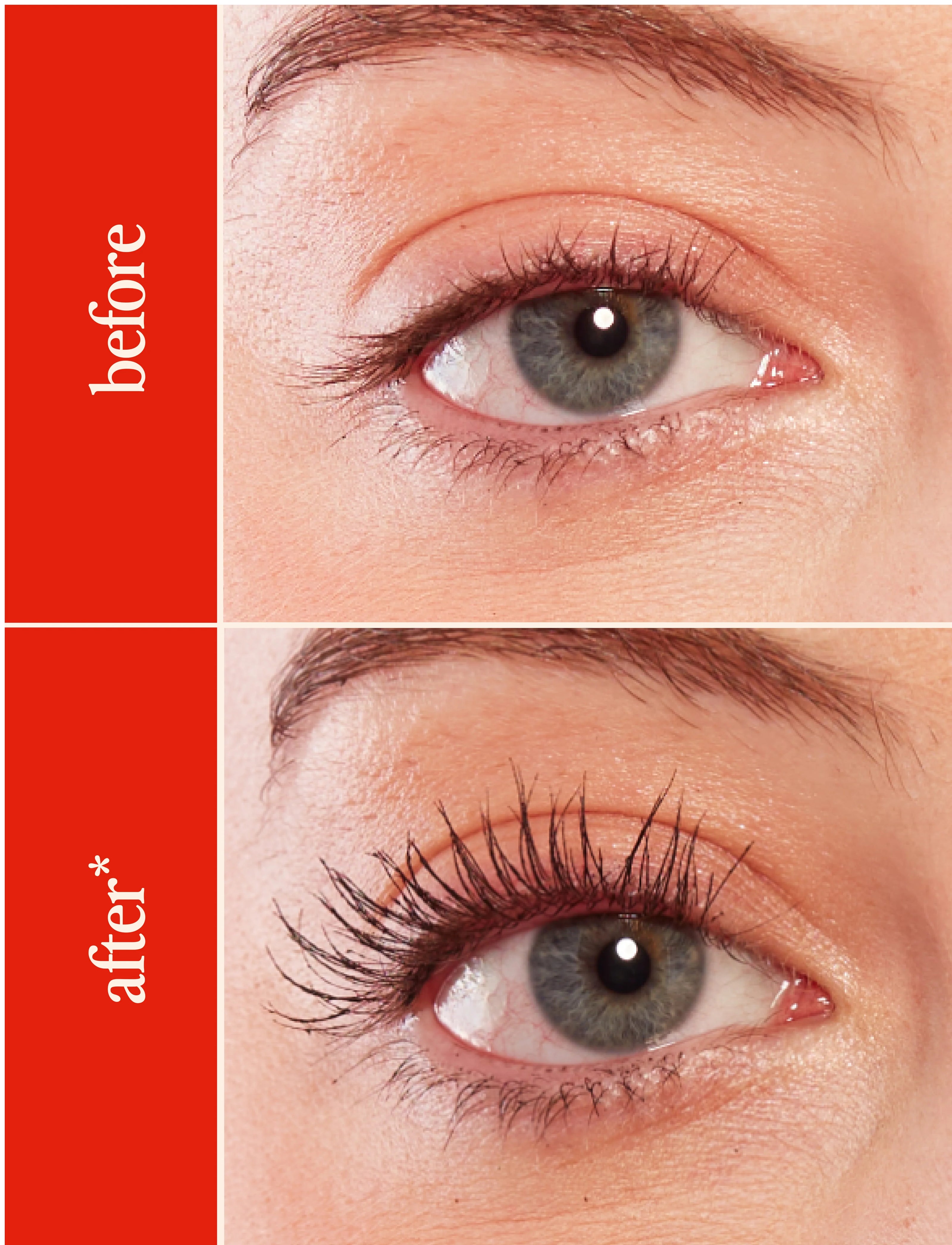 Close-up eye showing before and after lifted lashes from heated lash curler