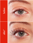 Close-up eye showing before and after lifted lashes from heated lash curler
