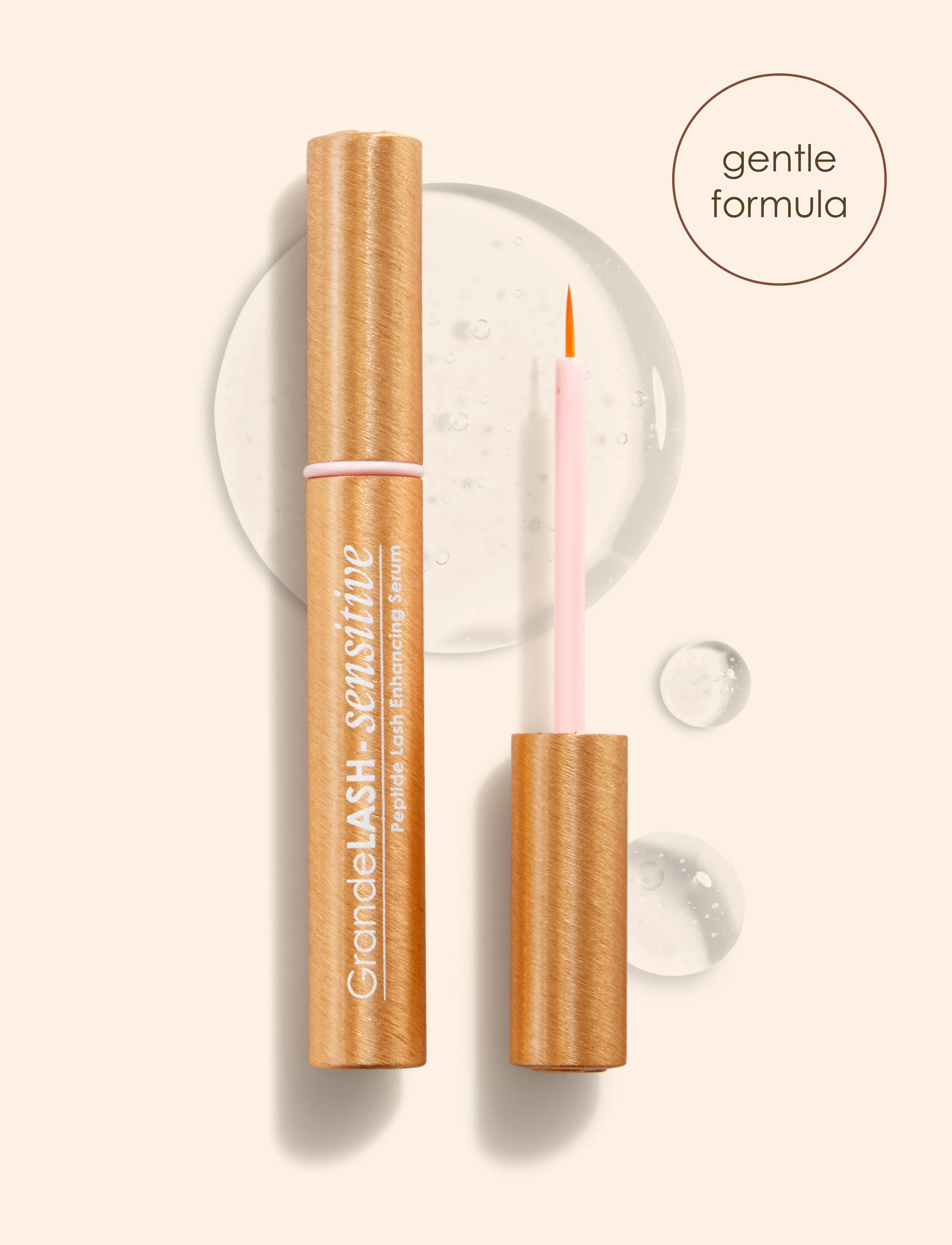 GrandeLASH Sensitive peptide lash serum, gold tube with pink brush applicator