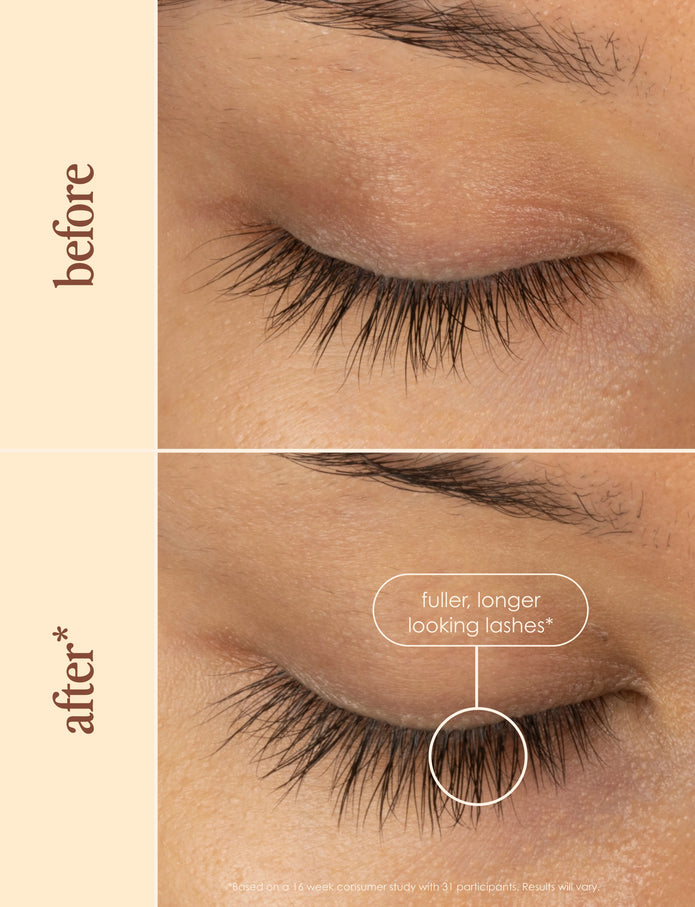 Before-and-after close-up of eyes showing lash lift with thicker, longer-looking lashes
