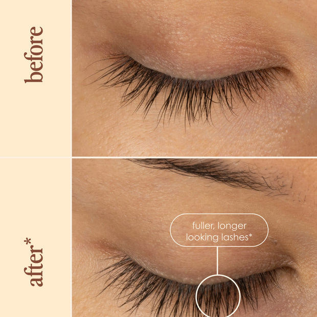 Before-and-after close-up of eyes showing lash lift with thicker, longer-looking lashes