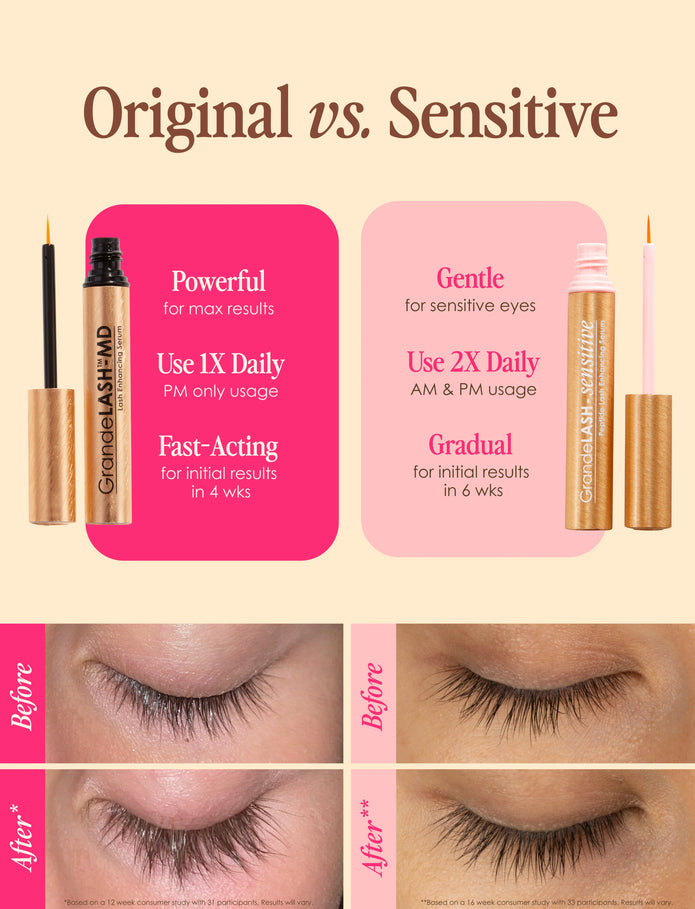 Original vs Sensitive lash serum tubes with daily use comparison