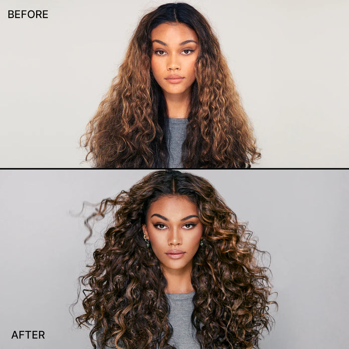 Before/after curls with Money Masque: darker, shinier, more defined hair