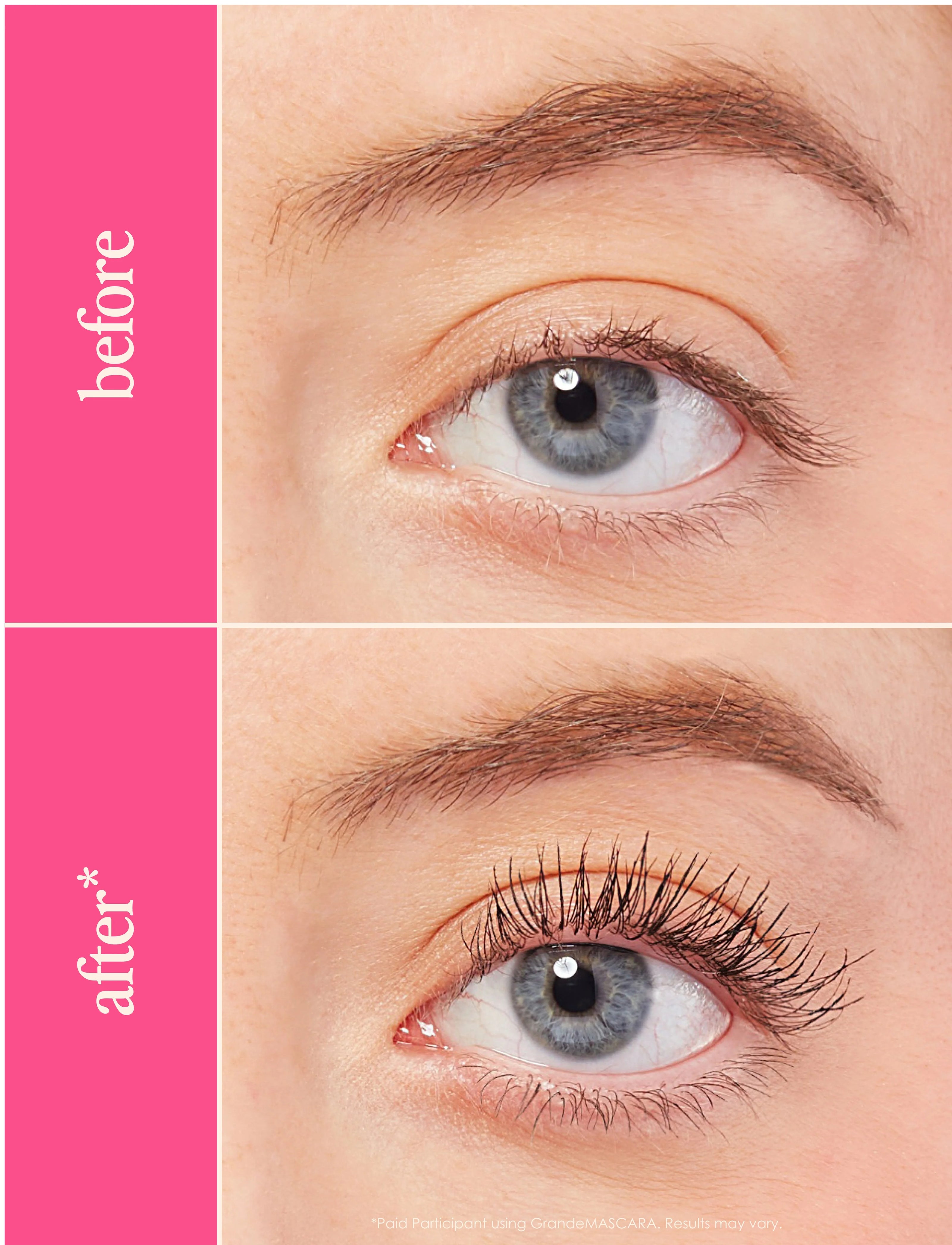 Eye close-up showing lash appearance before and after applying conditioning mascara