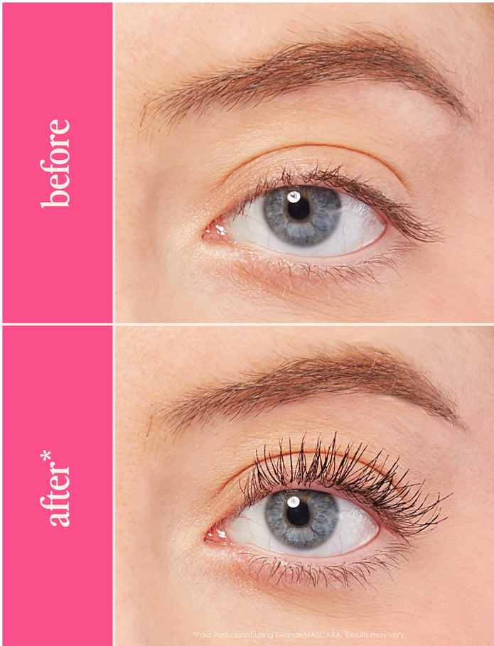 Eye close-up showing lash appearance before and after applying conditioning mascara