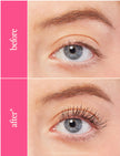 Eye close-up showing lash appearance before and after applying conditioning mascara
