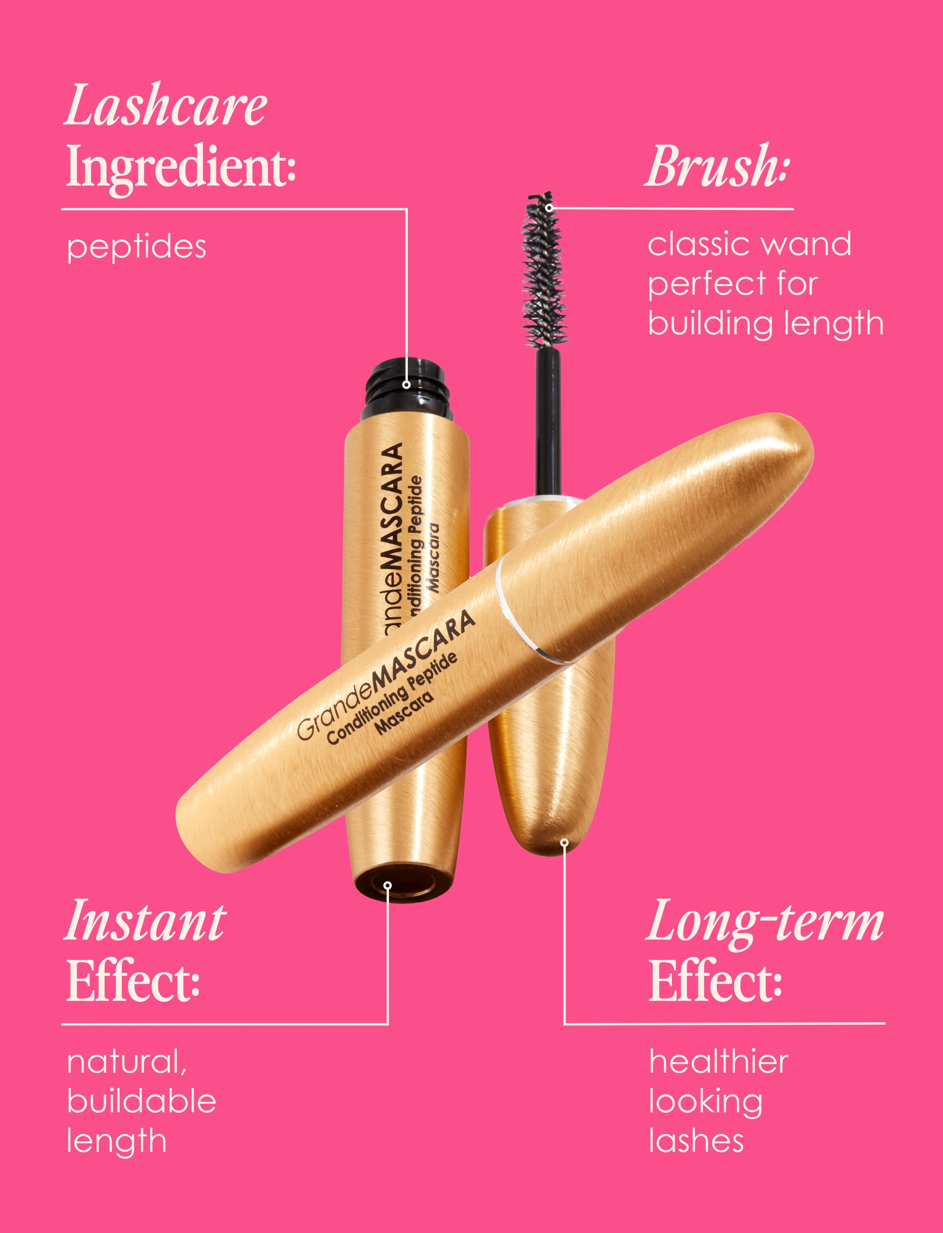 Golden mascara tube and classic bristle wand, conditioning peptide formula