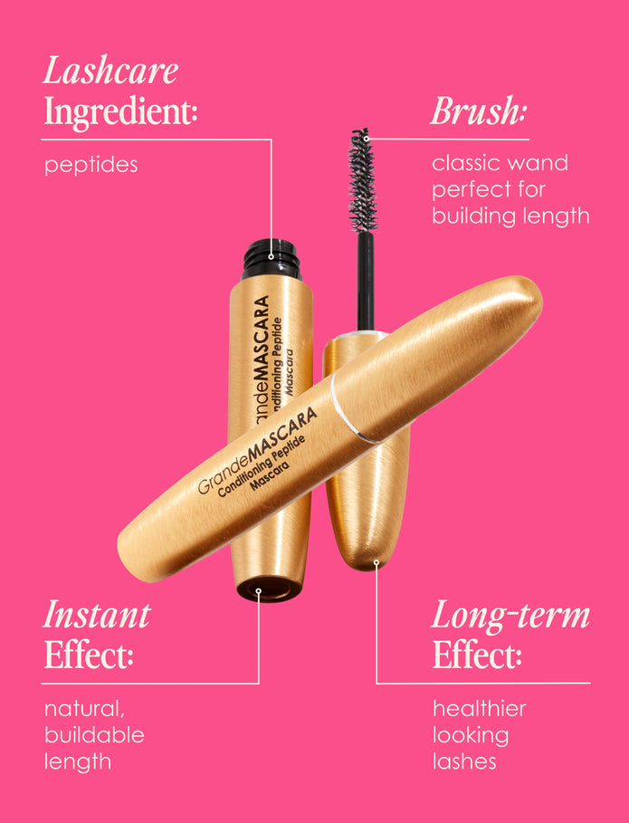 Golden mascara tube and classic bristle wand, conditioning peptide formula